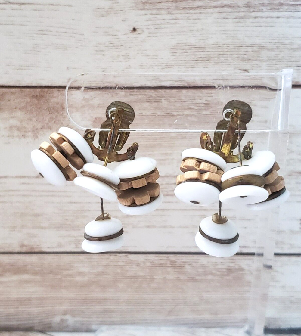 Vintage Clip On Earrings - White & Tan Statement Dangle